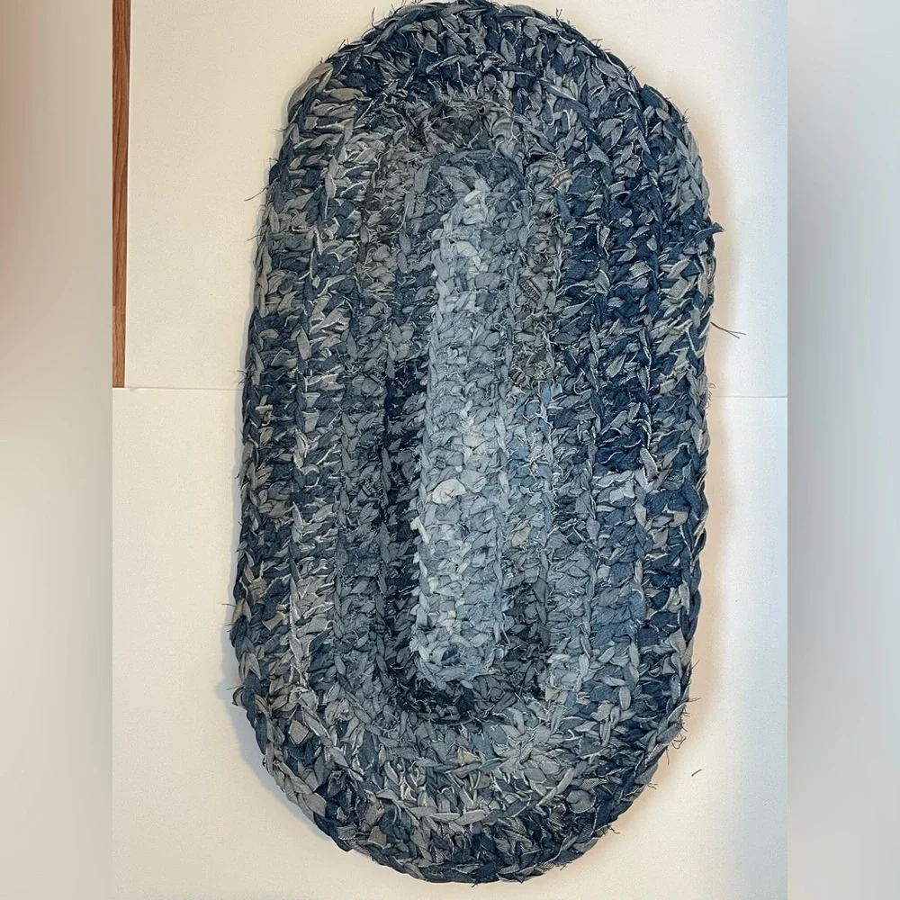 Handmade Denim Jean Oval Crocheted Blue Gray Accent Rug Decor Country Farmhouse - Picture 2 of 5